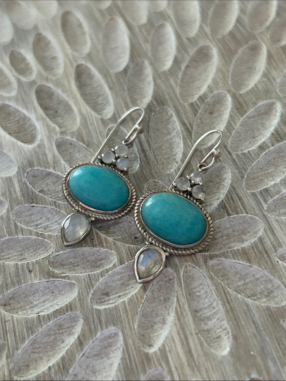 Larimar & Moonstone Oval Drop Earrings Set in Silver